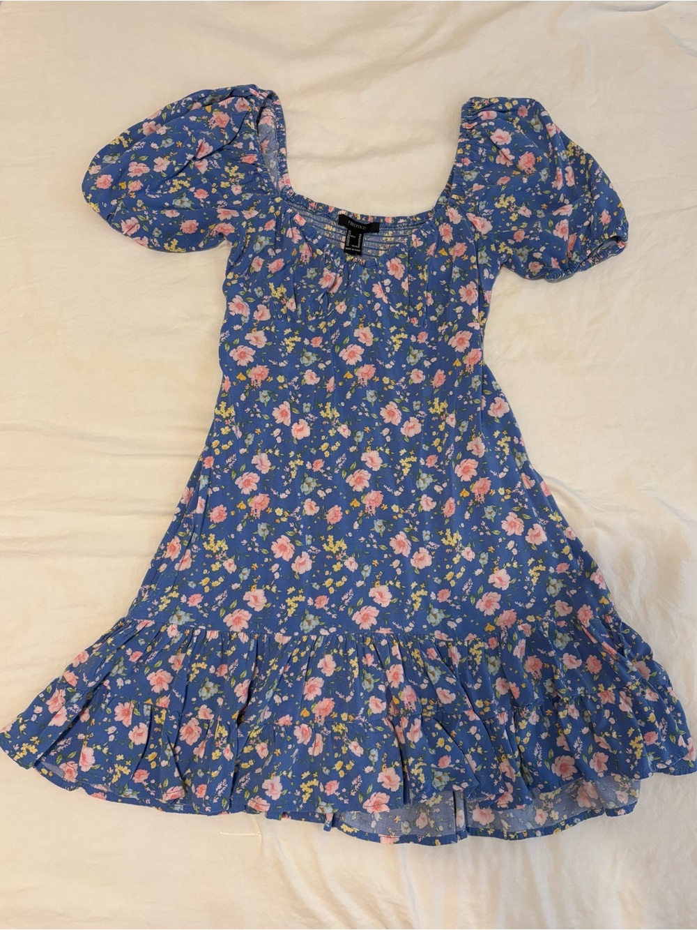 Blue Floral Puff-Sleeve Dress